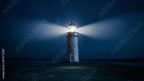Light of Attraction: A lonely lighthouse in the night, its light shining through the darkness.