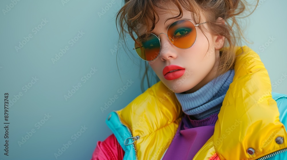 Naklejka premium A fashionable woman in colorful 1980s neon clothing and sunglasses posing confidently showcasing modern fashion and bold style in a striking portrait