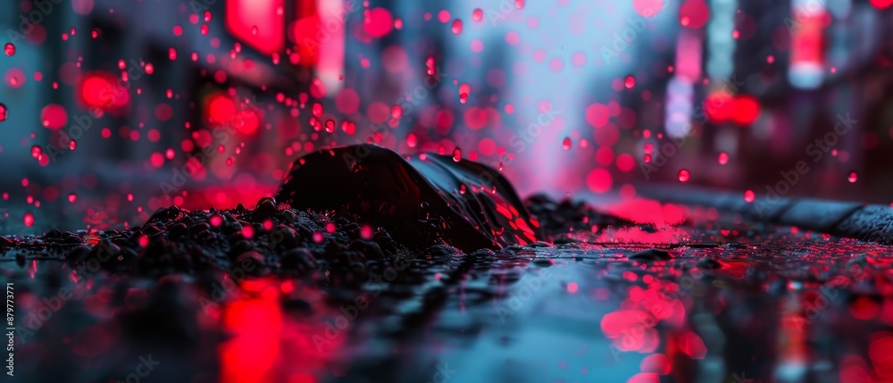 A tight shot of a wet surface under a red backlight, foreground featuring a blurred cityscape A tight shot of a wet surface under a red backlight, foreground featuring a blurred cityscape