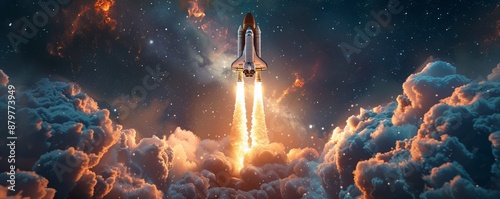 A photorealistic image of a space shuttle launching into orbit, leaving a trail of fire and smoke in its wake, symbolizing human ingenuity, exploration, and the quest for knowledge.