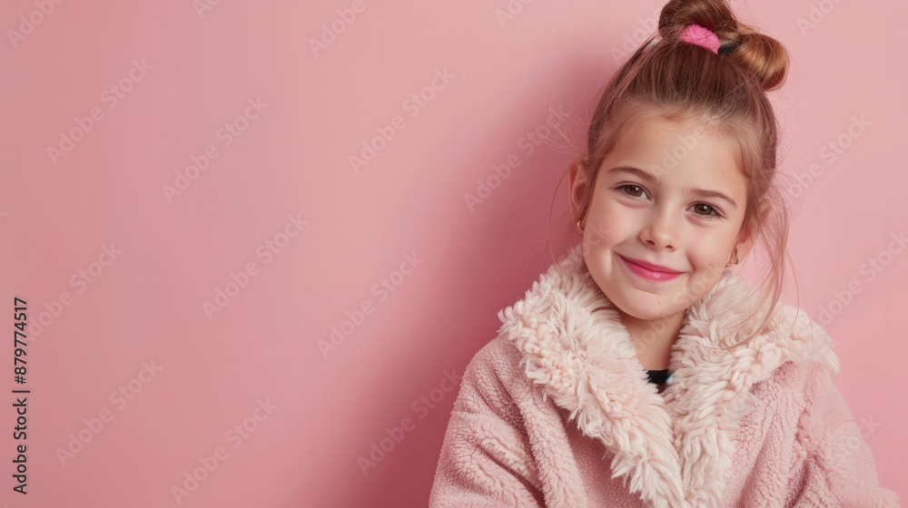 Young girl in pink coat with playful smile against pink background Young girl in pink coat with playful smile against pink background