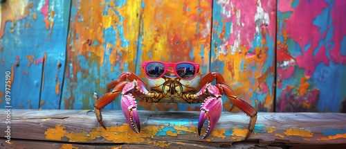 A crab wearing sunglasses sits on a wooden surface against a vibrant multicolored wooden background, capturing a quirky and fun beach theme with its bright and colorful appearance photo