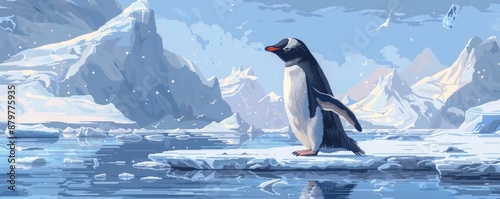 A pixel art illustration of a playful penguin waddling across the ice, its black and white plumage contrasting with the icy landscape. photo