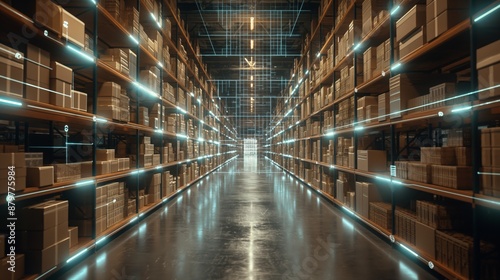 Modern warehouse with digital systems and organized shelves representing efficient storage and logistics showcasing streamlined operations