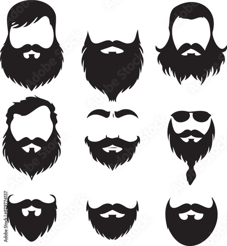 Set of beard and mustache silhouette on white background