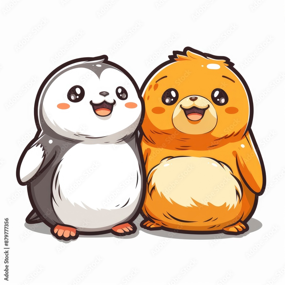 Fototapeta premium cute penguin and seal logo sticker, Sticker, outline, vector, polar, simple, icy blue, white, kawaii