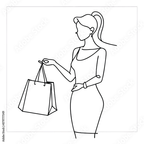 a woman with a shopping bag, line art vector illustration isolated on a white background 