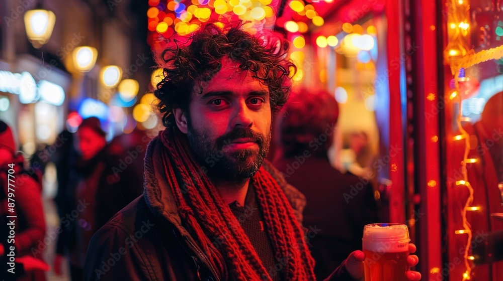 Obraz premium A man with a beard and a scarf is standing in front of a bar. Generate AI image