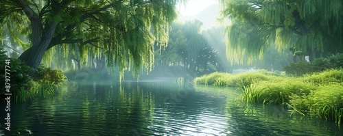 Tranquil riverbank lined with weeping willows, 4K hyperrealistic photo