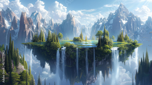A captivating fantasy landscape of a floating island with waterfalls, surrounded by majestic mountains and a serene sky.