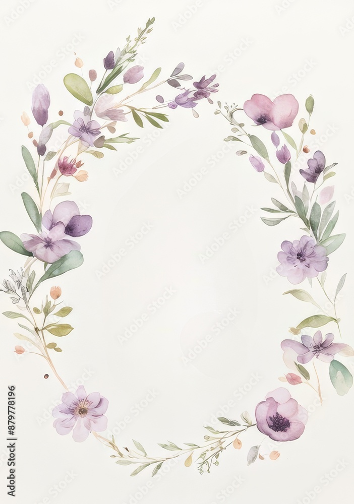 Fototapeta premium Postcard, letterhead with blue, purple flowers on white background and r frame, wedding invitation card, template, watercolor style