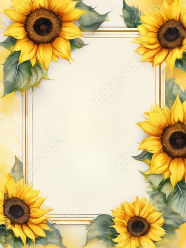Postcard, letterhead with yellow sunflowers on white background and rectangular frame, wedding invitation card, template