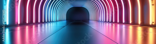 A futuristic tunnel illuminated with vibrant neon lights, showcasing a mesmerizing blend of colors reflecting on the sleek floor.
