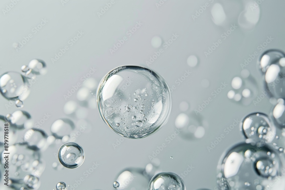 A high-angle shot captures a group of bubbles floating in a light gray liquid, emphasizing the simplicity of the scene A high-angle shot captures a group of bubbles floating in a light gray liquid, emphasizing the simplicity of the scene