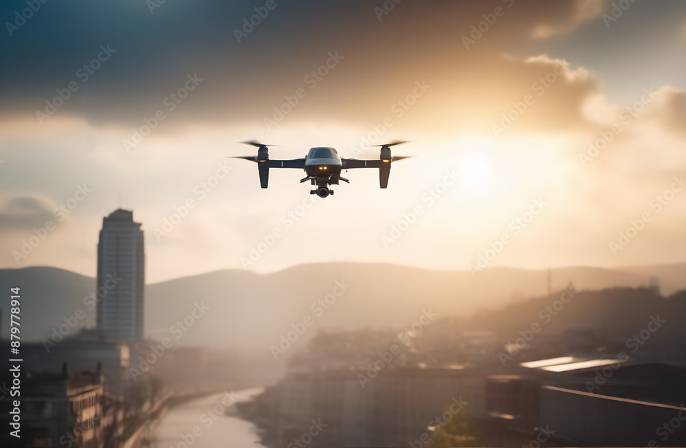 A black spying drone on the evening sky over the city. Crime and terrorism theme. A black spying drone on the evening sky over the city. Crime and terrorism theme.