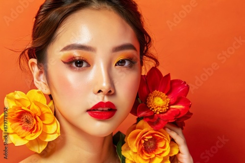 a close-up portrait of a young Asian woman exuding beauty with K-beauty makeup