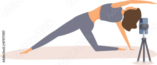 Fitness blogger recording online yoga class using smartphone on tripod
