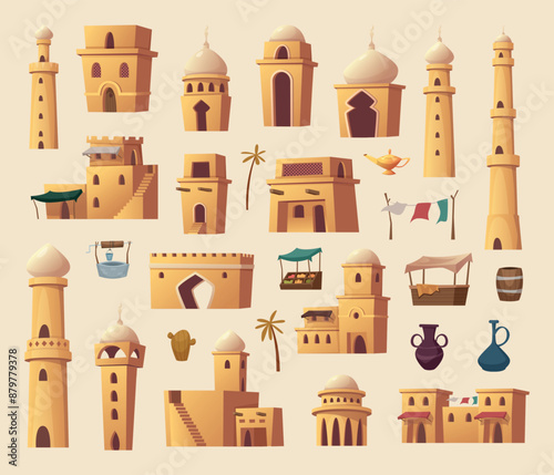 Islamic houses. Mosques columns towers arches urban traditional islamic architectural objects exact vector buildings isolated