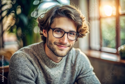 A portrait of a young man with glasses, tousled hair, and a warm, friendly smile