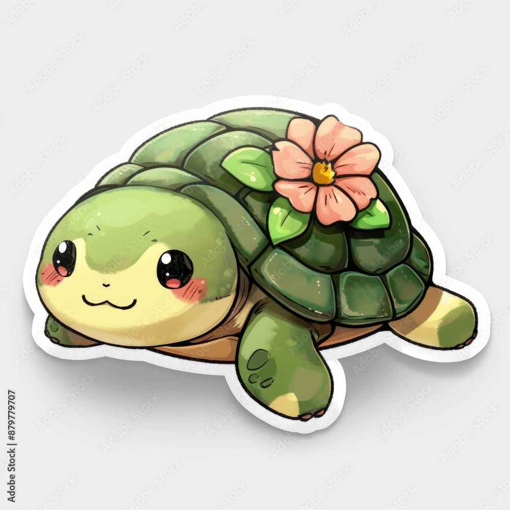 Fototapeta premium Cute turtle with a flower on its shell, sticker, cartoon drawing, simple, character, kawaii, simple, background