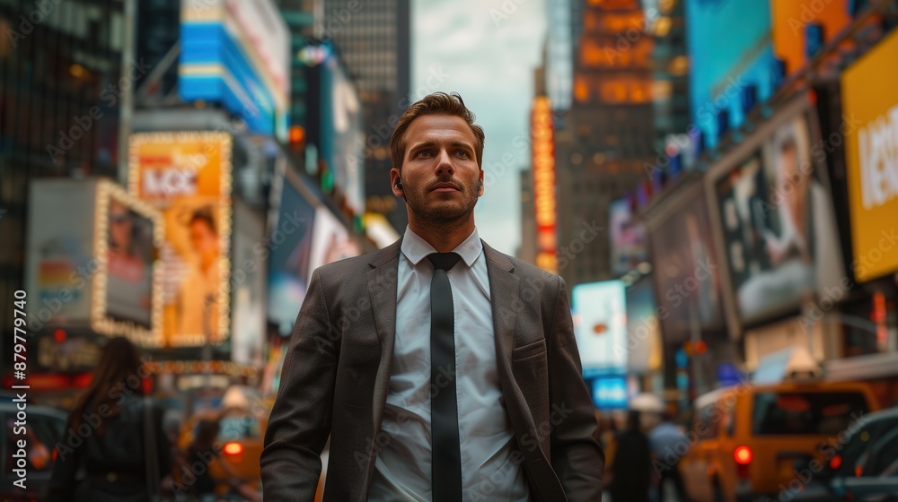 Businessman walking confidently through a busy urban street with vibrant billboards in the background during twilight. Businessman walking confidently through a busy urban street with vibrant billboards in the background during twilight.