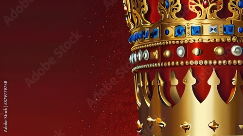 Illustration of Royal golden crown with jewels on golden pillow on red background. Symbols of UK United Kingdom monarchy. Copyspace on the left side of the frame. Generative AI photo