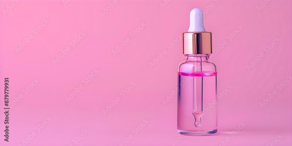 Pink face oil in glass bottle with dropper cap displayed on a cosmetics background. Concept Beauty, Skincare, Cosmetics, Pink, Glass Bottle, Face Oil, Dropper Cap, Background Pink face oil in glass bottle with dropper cap displayed on a cosmetics background. Concept Beauty, Skincare, Cosmetics, Pink, Glass Bottle, Face Oil, Dropper Cap, Background