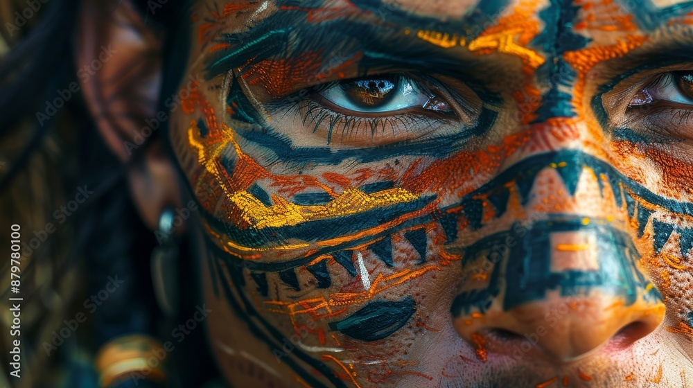 Close-up of a person's face adorned with vibrant tribal face paint, capturing intense and intricate details. Close-up of a person's face adorned with vibrant tribal face paint, capturing intense and intricate details.