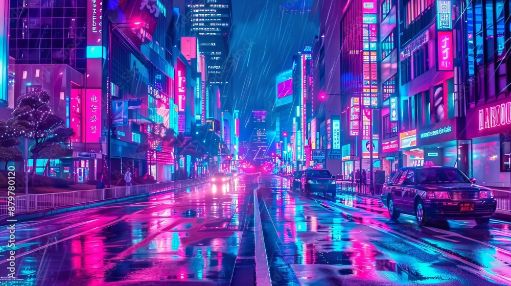 A vibrant city street drenched in rain glows with neon lights, illuminating the vehicles and colorful buildings, presenting a lively and futuristic urban landscape at its peak.