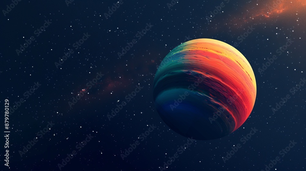 A lone, vividly colored planet with swirling hues of red, green, and blue floats amidst a dark starry background, capturing the beauty and mystery of the universe. A lone, vividly colored planet with swirling hues of red, green, and blue floats amidst a dark starry background, capturing the beauty and mystery of the universe.