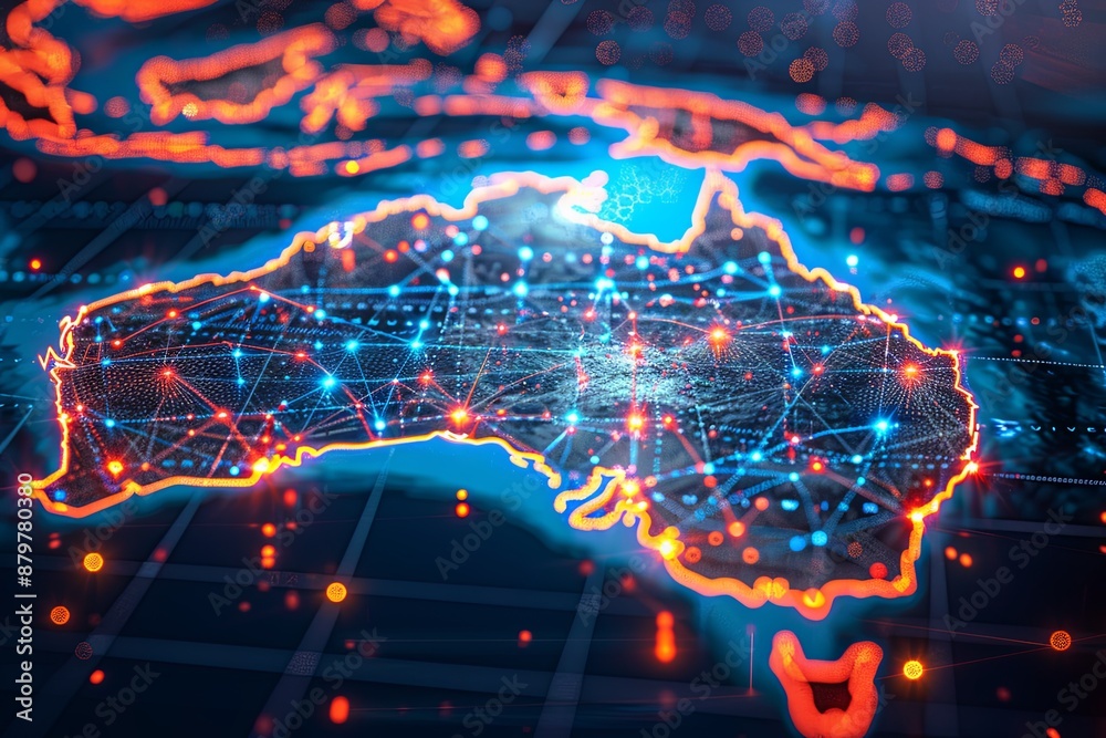 Digital map of Australia network and connectivity created with Generative AI Digital map of Australia network and connectivity created with Generative AI