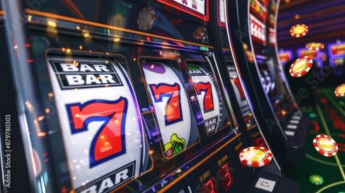 Close-up of casino slot machine with triple sevens representing a jackpot win. Bright lights and colorful graphics in the background.