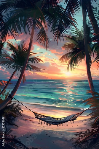 A tranquil beach at sunset with a hammock strung between two palm trees, the sky painted in soft hues of pink, orange, and blue reflecting on the gentle waves.