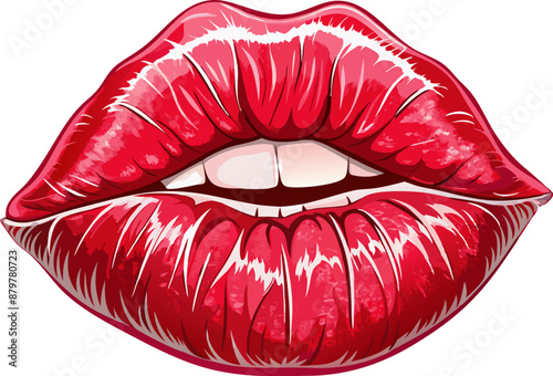 Red lips with shiny lipstick isolated sign. Fashion and beauty emblem with kissing mouth