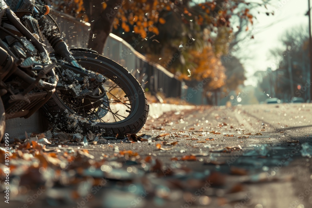 Motorcycle Crash Scene on Suburban Road with Entangled Rear Wheel and Metal Barrier Motorcycle Crash Scene on Suburban Road with Entangled Rear Wheel and Metal Barrier