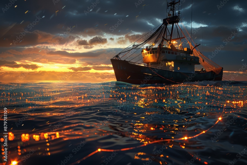 Fototapeta premium Commercial Fishing Boat at Dawn with Nets Cast into Glowing Sea - Fishing Industry Essence