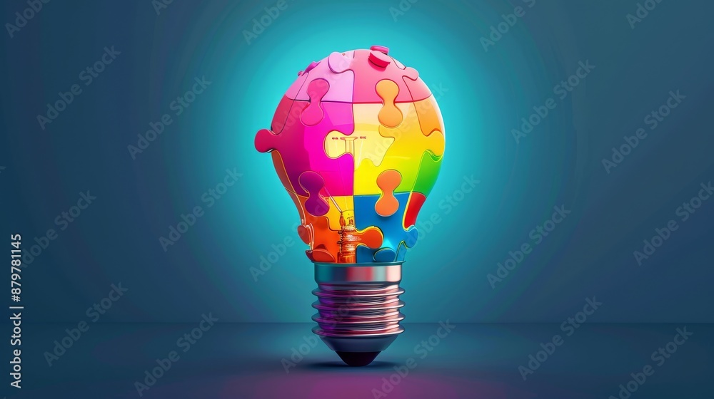 Creative concept of a light bulb made up of colorful jigsaw puzzle pieces on a blue background, symbolizing innovation and solution.