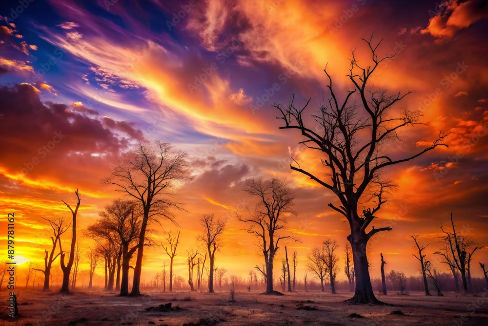 surreal and atmospheric landscape with silhouetted, bare trees against an orange and purple sunset sky surreal and atmospheric landscape with silhouetted, bare trees against an orange and purple sunset sky