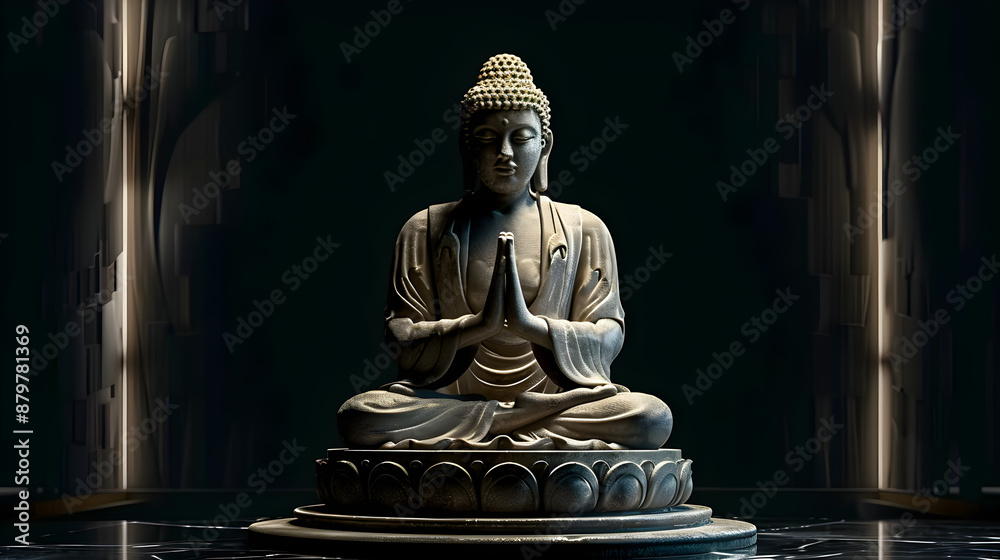 Buddha statue set against a black background, creating a serene and spiritual atmosphere, perfect for meditation spaces, religious events, or as decorative art. Buddha statue set against a black background, creating a serene and spiritual atmosphere, perfect for meditation spaces, religious events, or as decorative art.
