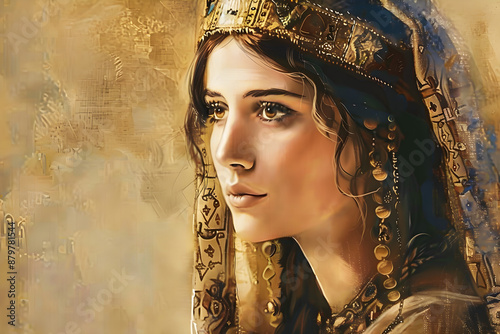 Hadassah, the ancient name of Queen Esther, a heroine of courage and faith in the Old Testament, depicted in a detailed, regal, and richly colored portrait.