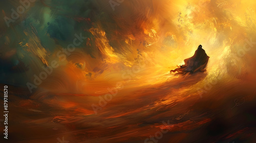 Dramatic biblical scene of Elijah transported by fiery chariot in a dynamic, colorful, digital painting with a whimsical blurred heavenly background.