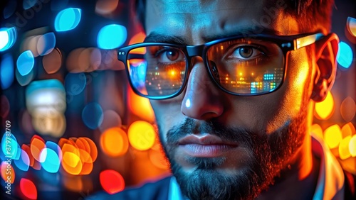 Intense Man with Reflected Digital Patterns in Glasses