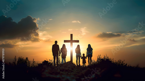 Silhouette of family and Christian cross at sunset, conveying faith, hope, and unity. Ideal for religious events and family gatherings with ample copy space.
