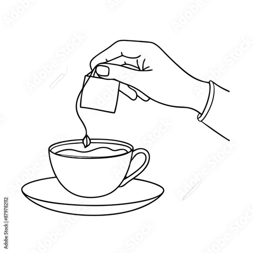hand delicately holding a tea bag a cup of tea. The line art vector illustration 