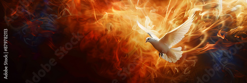 Winged dove in flames, a representation of the new testament holy spirit with copy space.