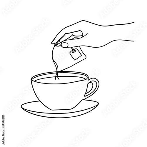 hand delicately holding a tea bag a cup of tea. The line art vector illustration 