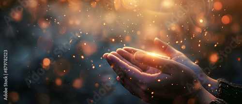 Praying hands with faith in religion and belief in god on blessing background, power of hope and devotion. Copy space available.