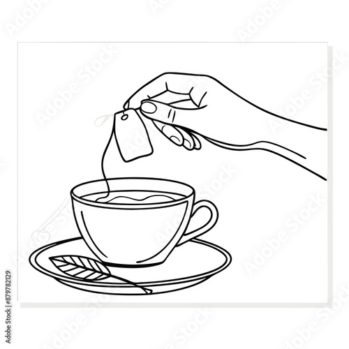 hand delicately holding a tea bag a cup of tea. The line art vector illustration 