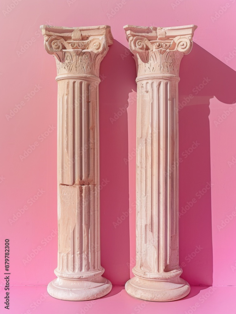 Two Ancient Greek or Roman Columns on pink background Two Ancient Greek or Roman Columns on pink background