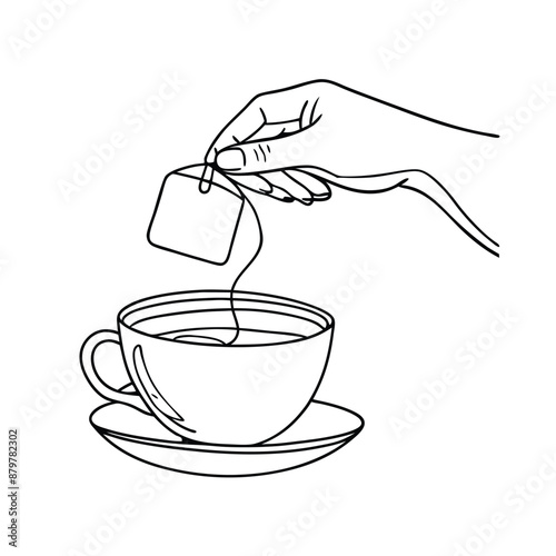 hand delicately holding a tea bag a cup of tea. The line art vector illustration 